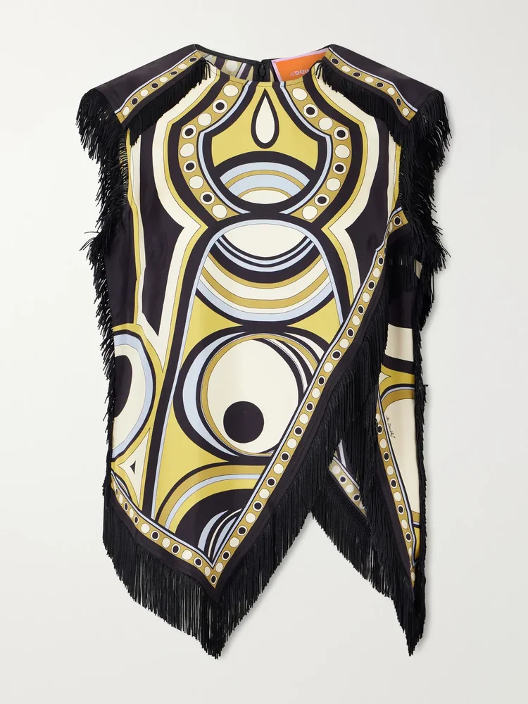 Fringed asymmetric printed silk-twill top