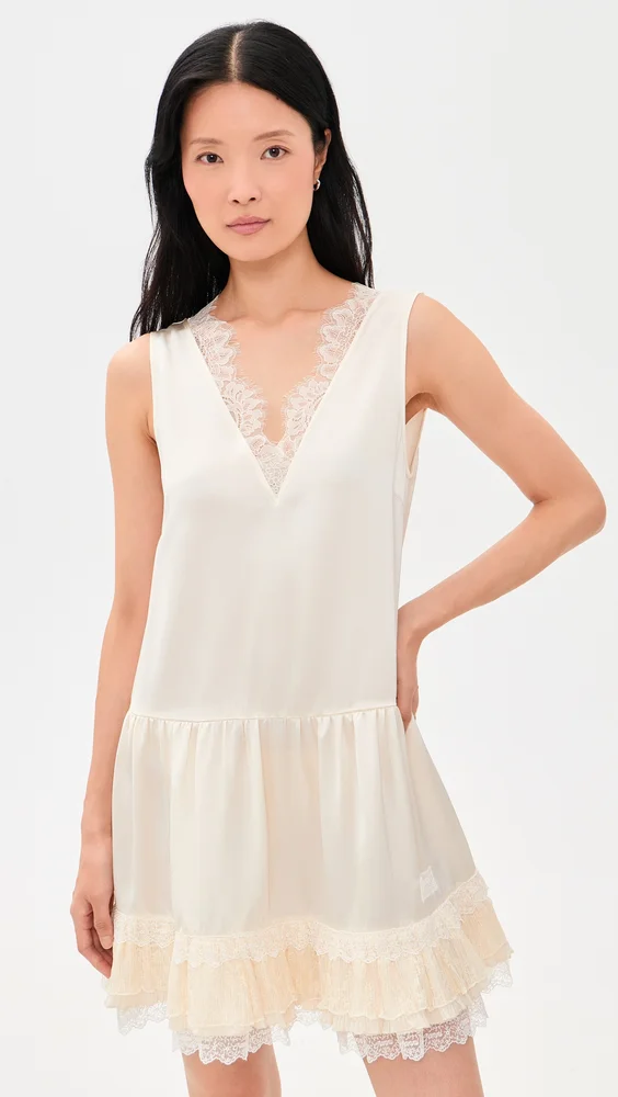 Fluid Satin V Neck Lace Mini Dress