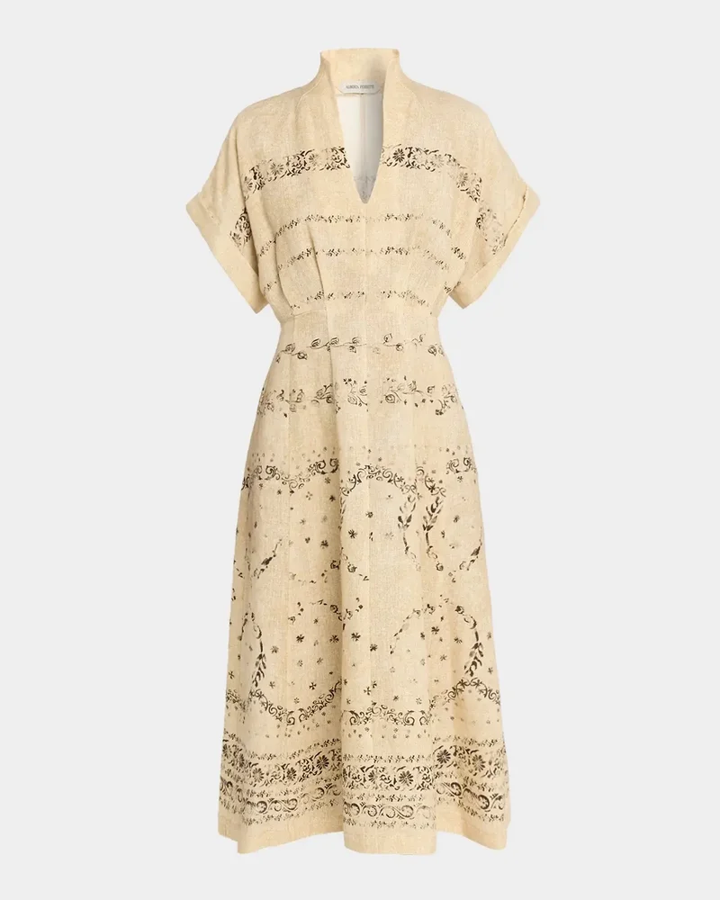 Short-Sleeve Printed Linen A-Line Midi Dress