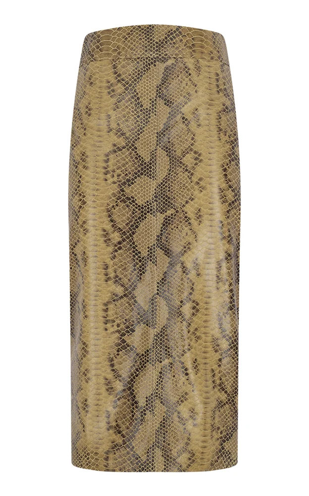 Snake-Print Leather Pencil Midi Skirt