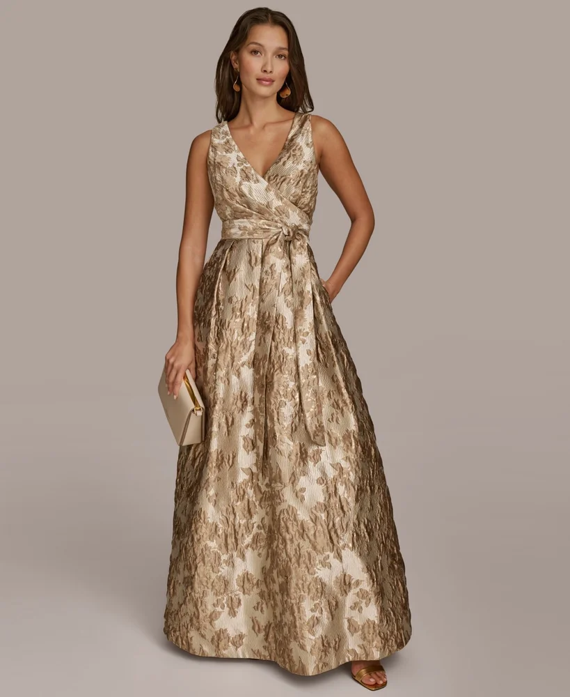 Metallic Brocade Sleeveless Wrap Ball Gown