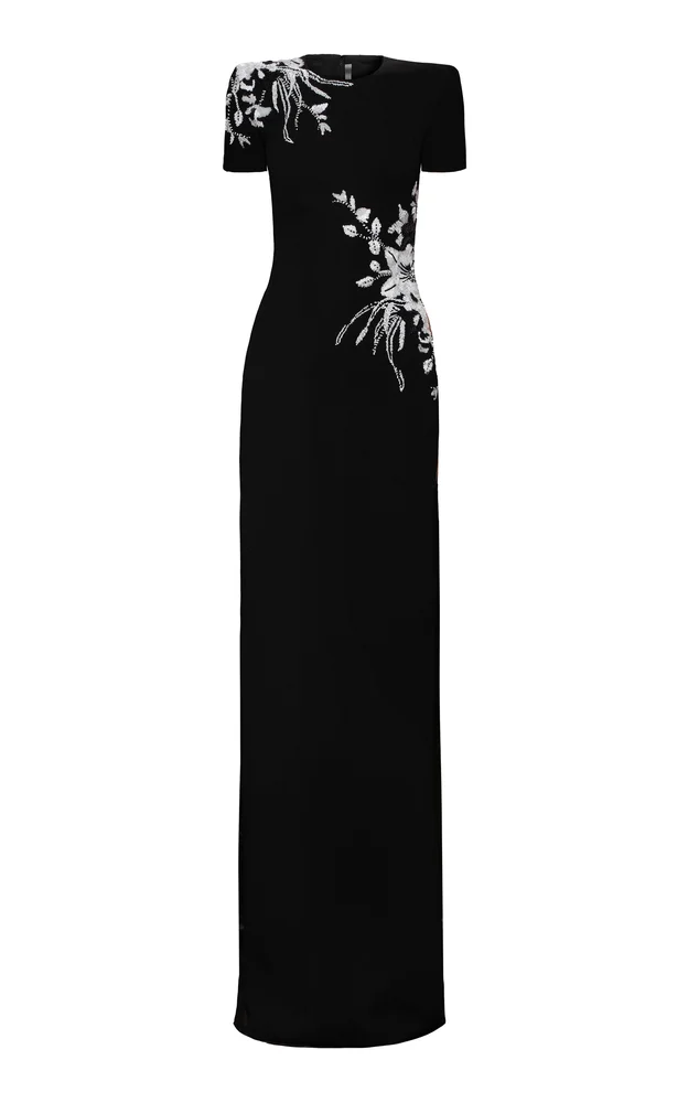 Hand-Beaded Embroidered Crepe Gown