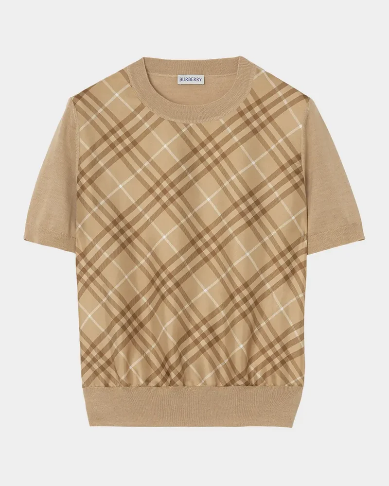Short-Sleeve Check Silk Paneled Crewneck Sweater
