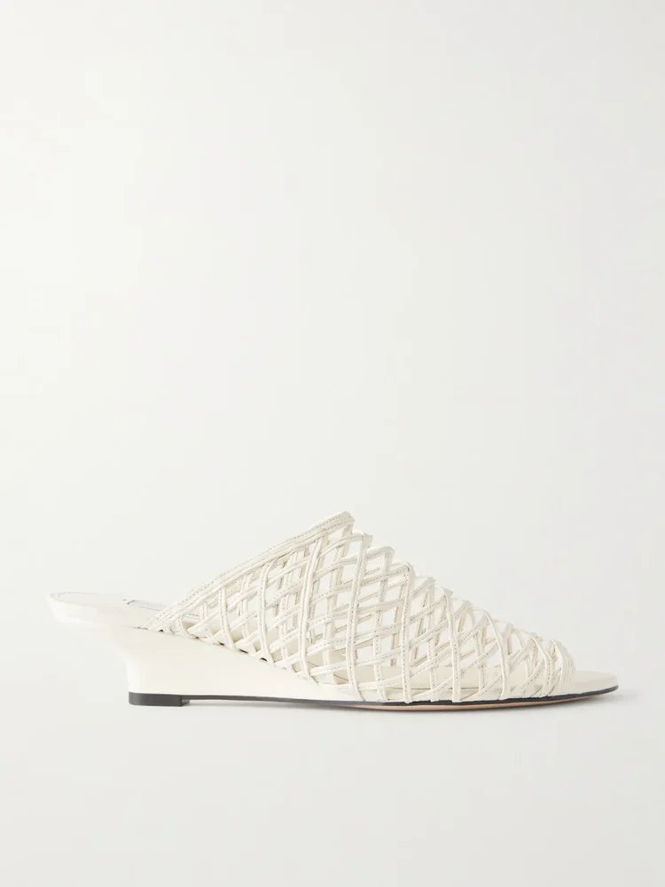 Woven leather wedge mules