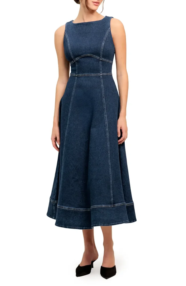 Sleeveless Stretch Denim Midi Dress