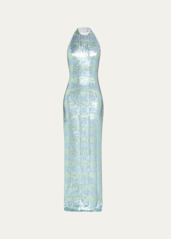 Nerine Gingham Sequined Halter Column Gown