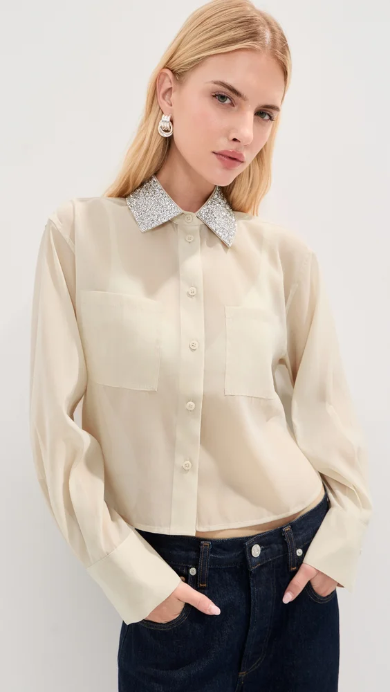 Organza Cropped Buttondown with Embellished Collar