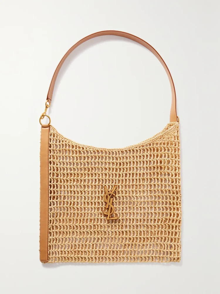 oxalis leather trimmed crocheted raffia shoulder bag