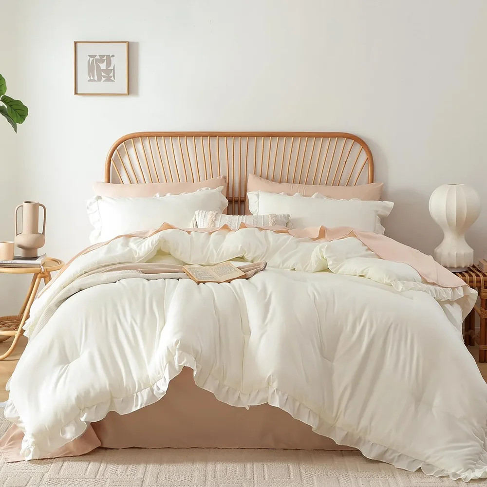 Ruffle Comforter Set 3 Pieces- All Seasons Fluffy Vintage Farmhouse Comforter With Two Pillowcases