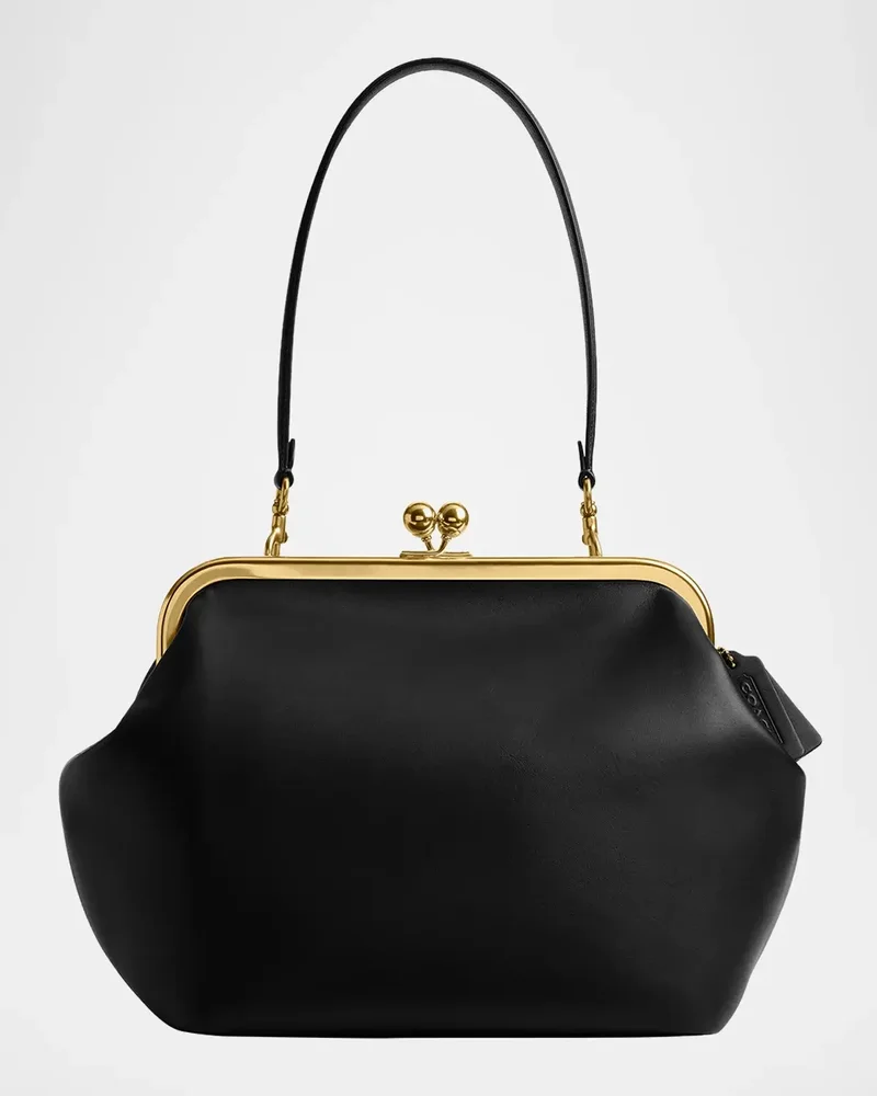 Kisslock Leather Carryall Shoulder Bag