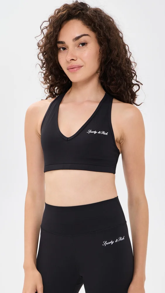 Signature Logo V-Neck Sports Bra - Black/White
