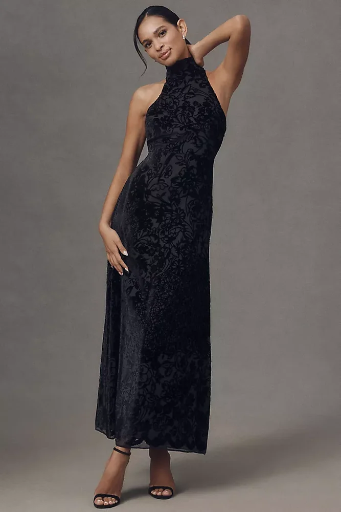 BHLDN Velvet Burnout High-Neck Maxi Dress