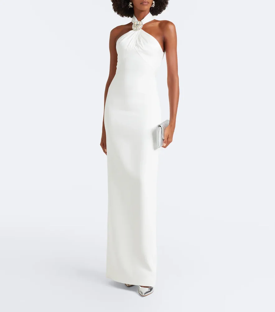 Embellished halterneck satin-trimmed gown