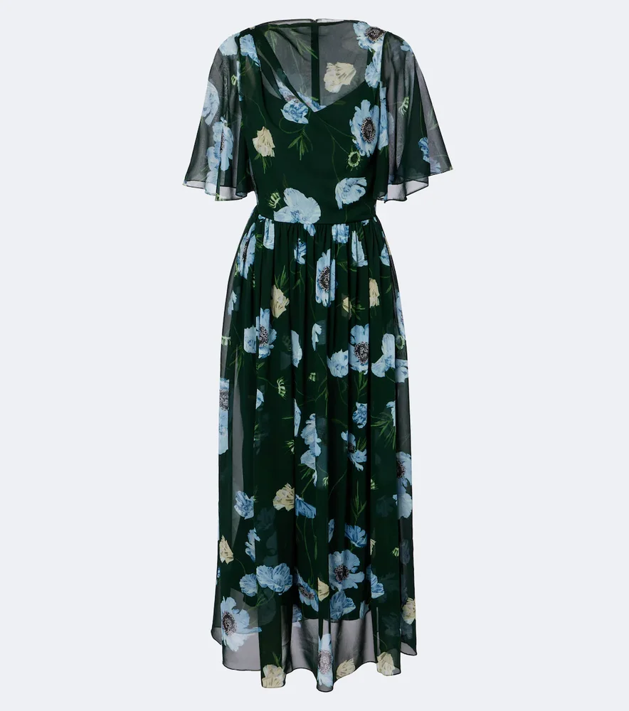 Floral draped silk voile midi dress