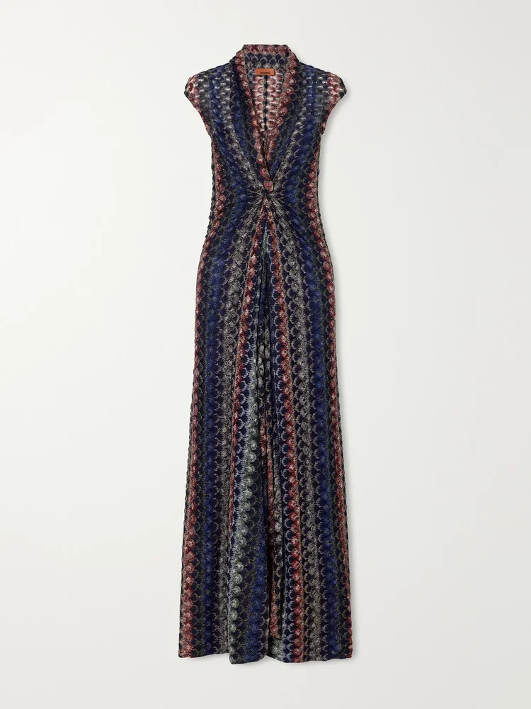 Gathered striped crochet-knit maxi dress