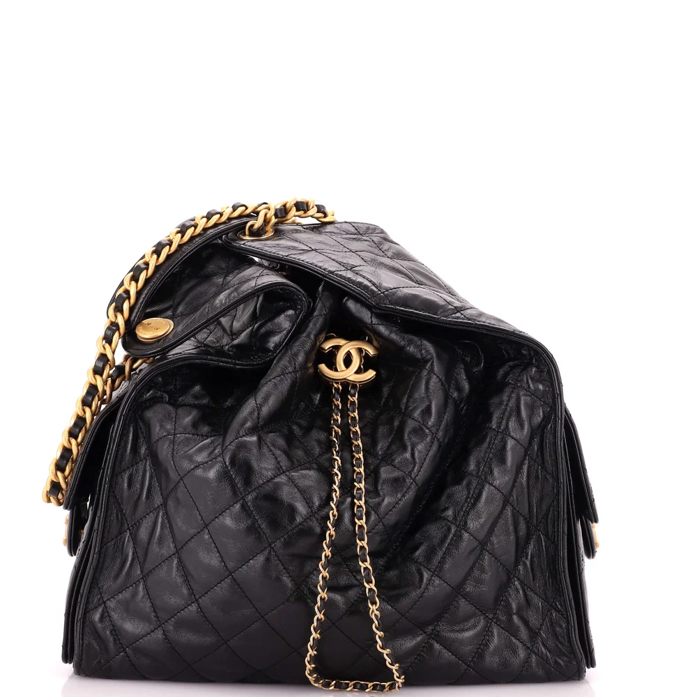 Pre-Owned 25 Hobo Bag Quilted Shiny Crumpled Calfskin Medium in Black, Aged Gold Hardware