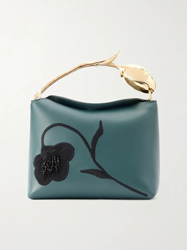 Bloom medium bead-embellished embroidered leather clutch