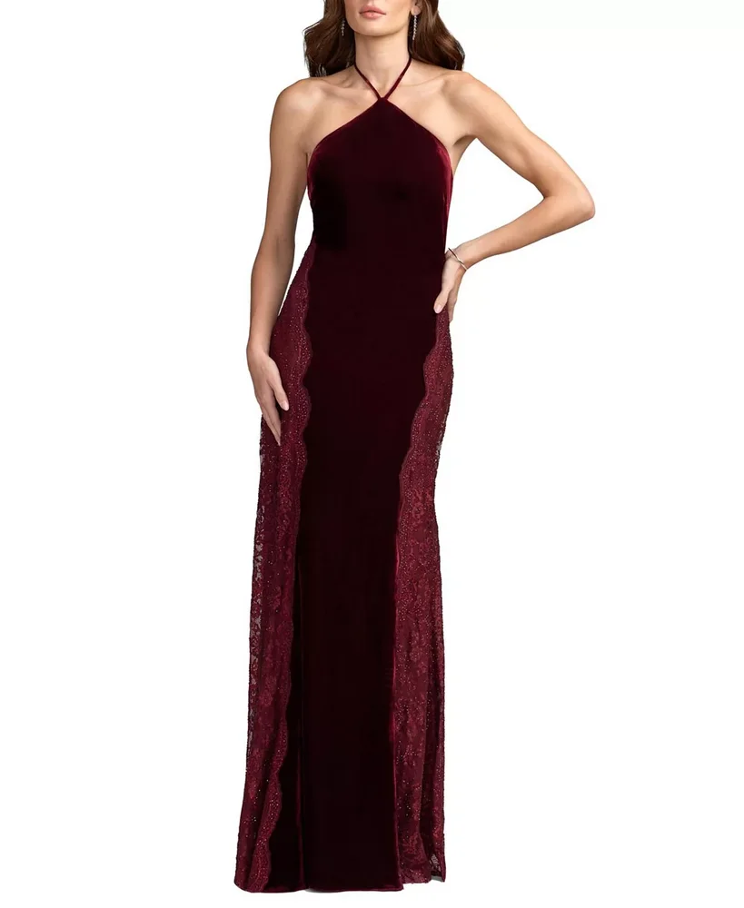 Velvet and Lace Halter Column Gown