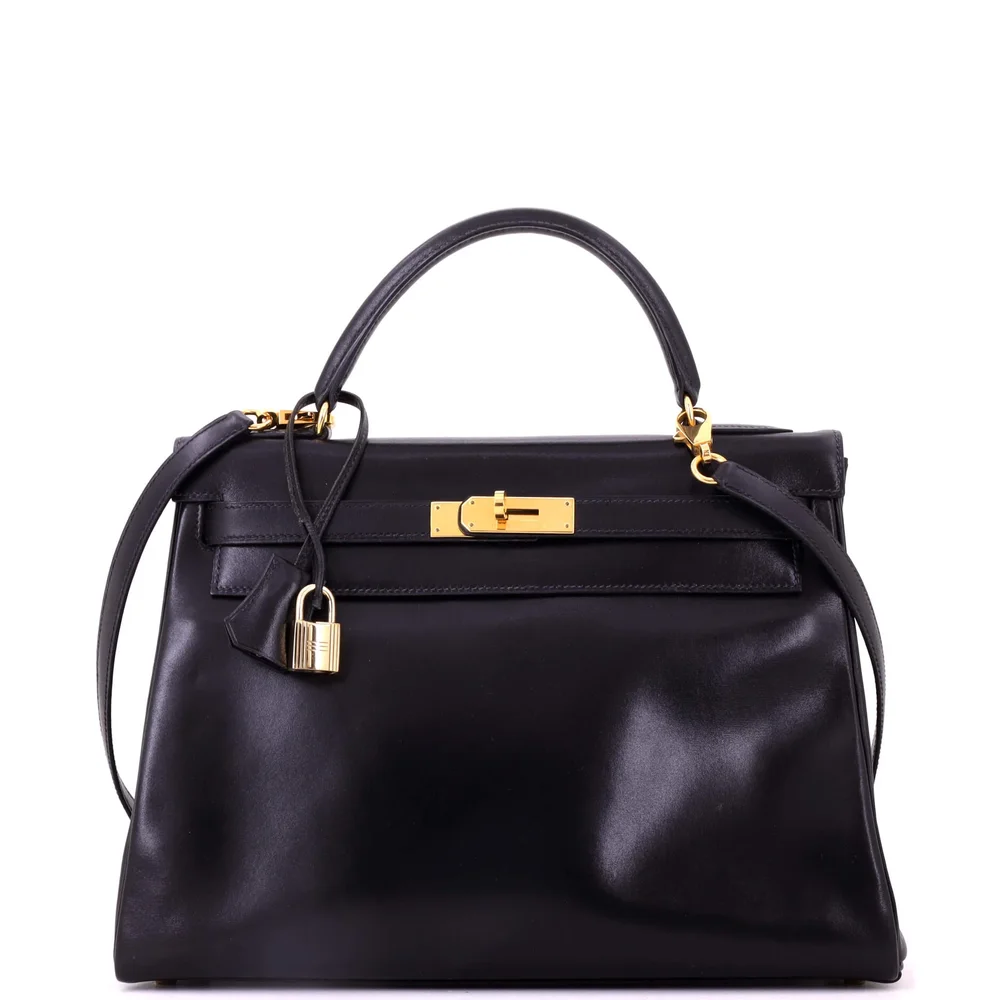 Pre-Owned Kelly 32 Noir Box Calf with Gold Hardware
