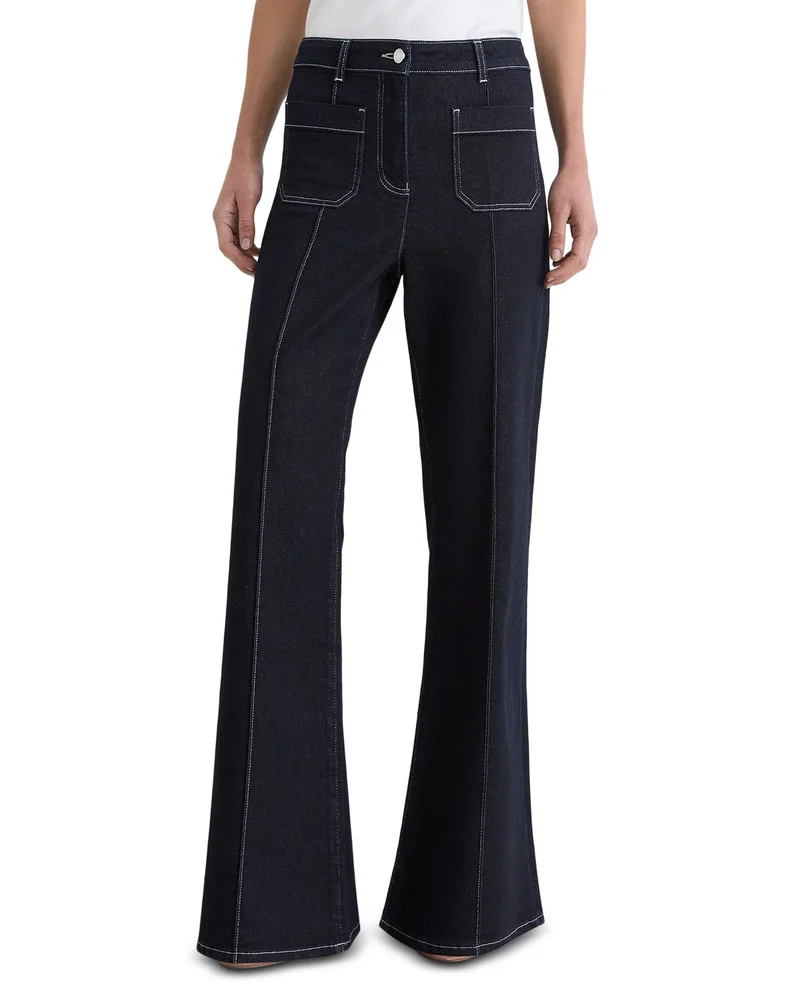 Petite Patch Pocket High Rise Flare Leg Jeans in Indigo Blue