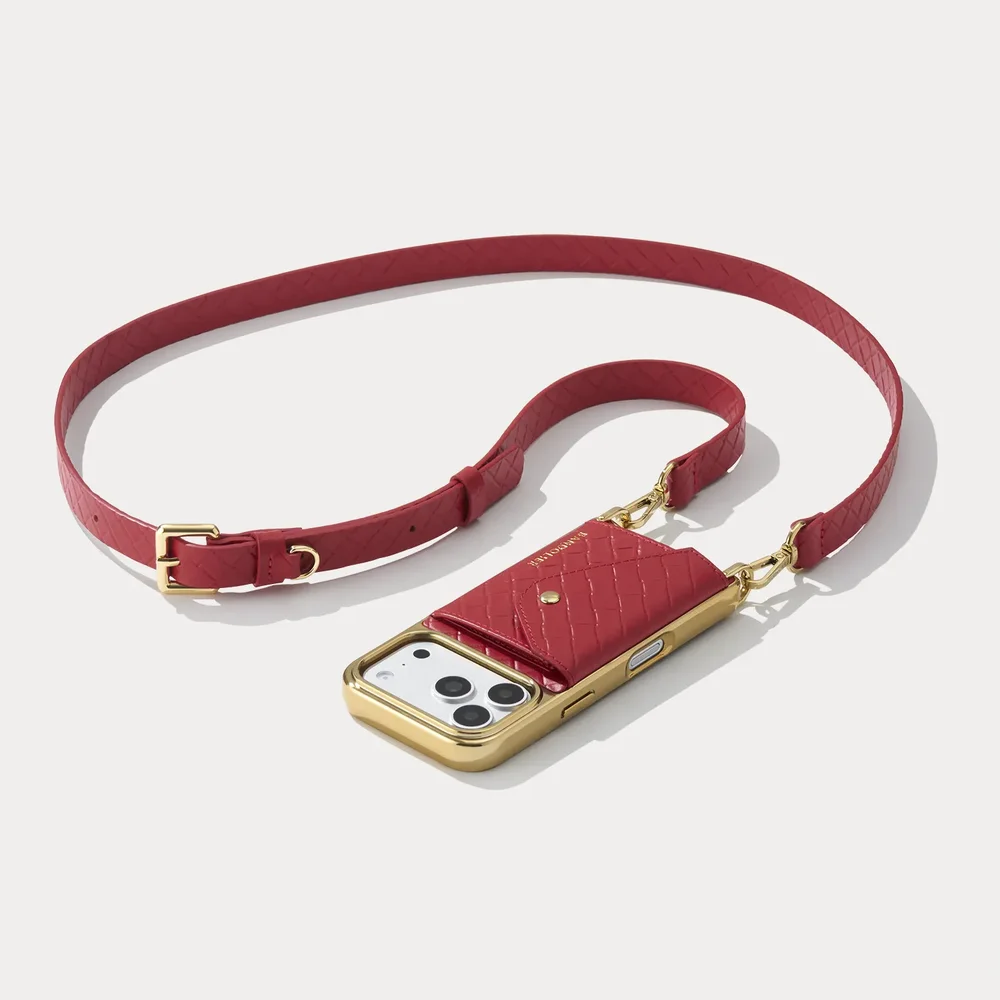 Hailey Chrome Crossbody Phone Case, Tomato Red Embossed Woven/Chrome Gold