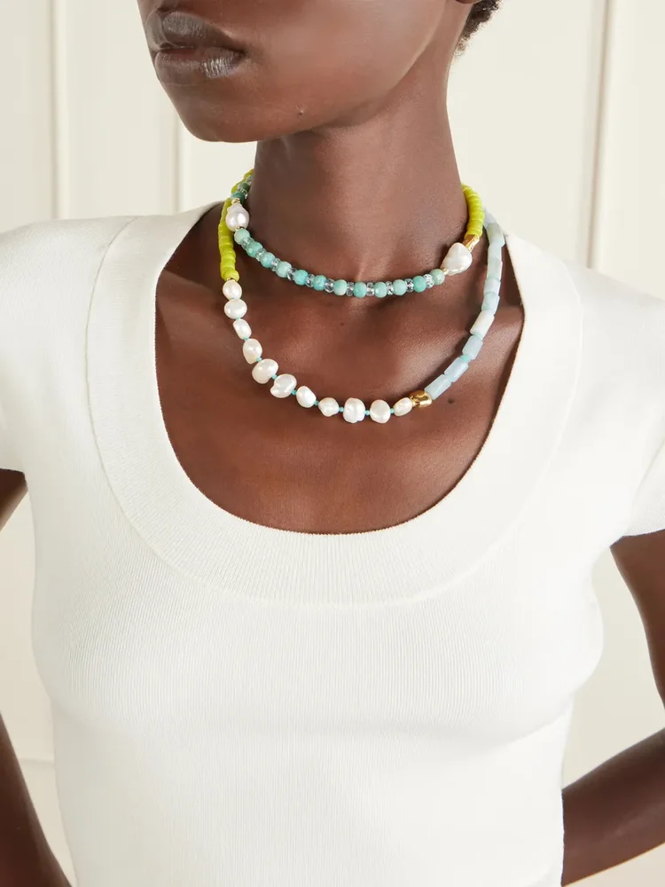 Cabana gold-plated multi-stone, glass and pearl beaded necklace