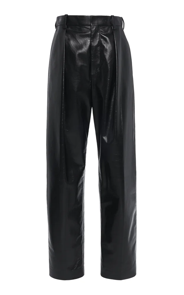 Pleated Leather Straight-Leg Pants