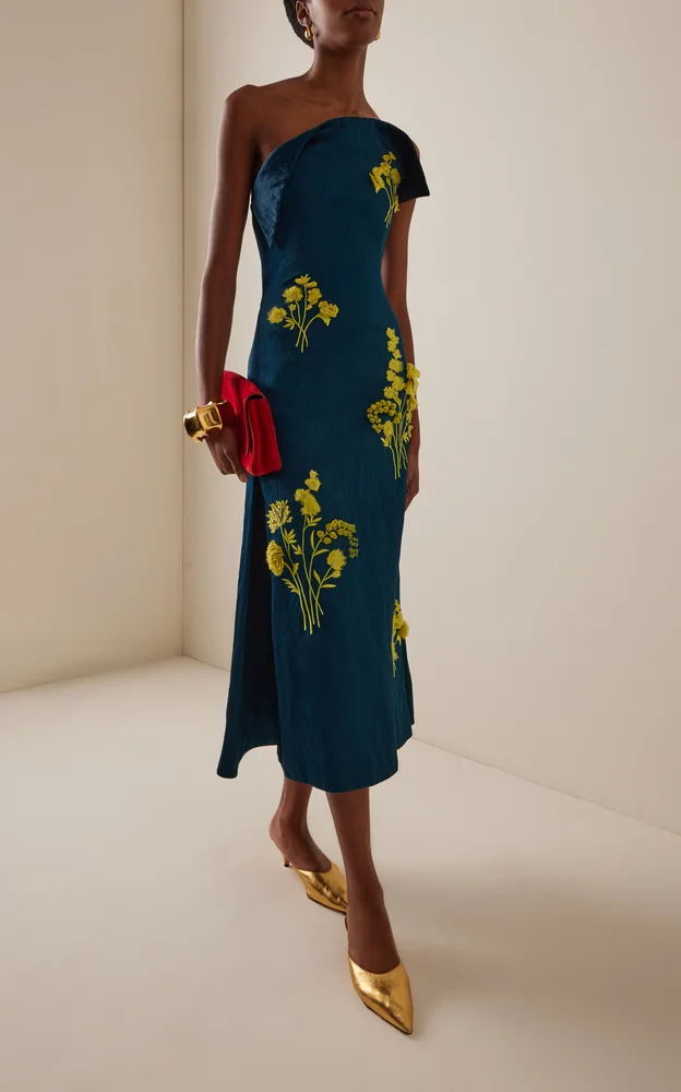 Embroidered Floral Satin Midi Dress