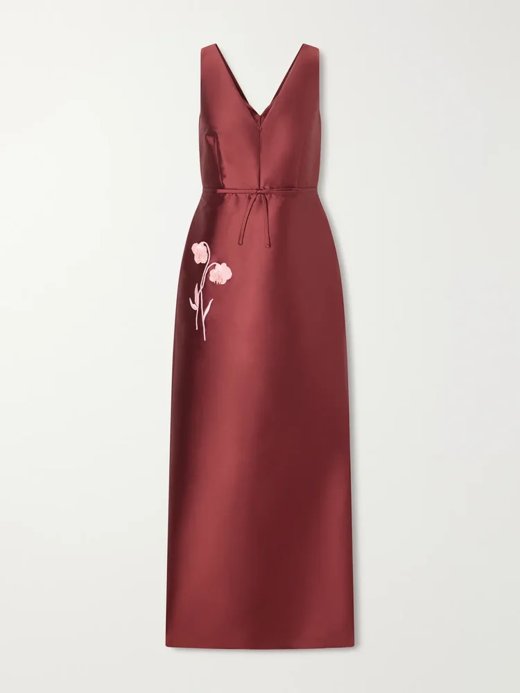 Bow-detailed embroidered mikado gown