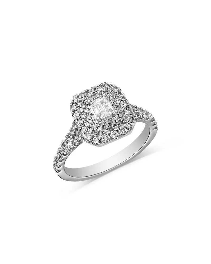 Diamond Emerald & Round Cut Halo Engagement Ring in 14K White Gold, 1.01 tcw