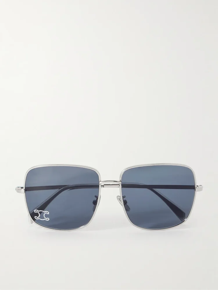 Triomphe crystal-embellished square-frame silver-tone sunglasses