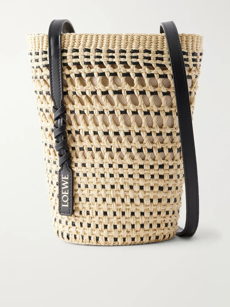 plus paula s ibiza braid leather trimmed raffia shoulder bag