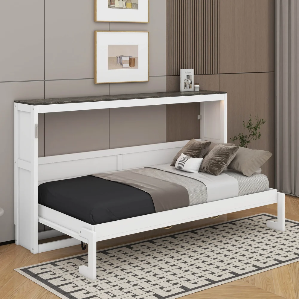 Twin Murphy Bed with LED Light, Folds into a Cabinet