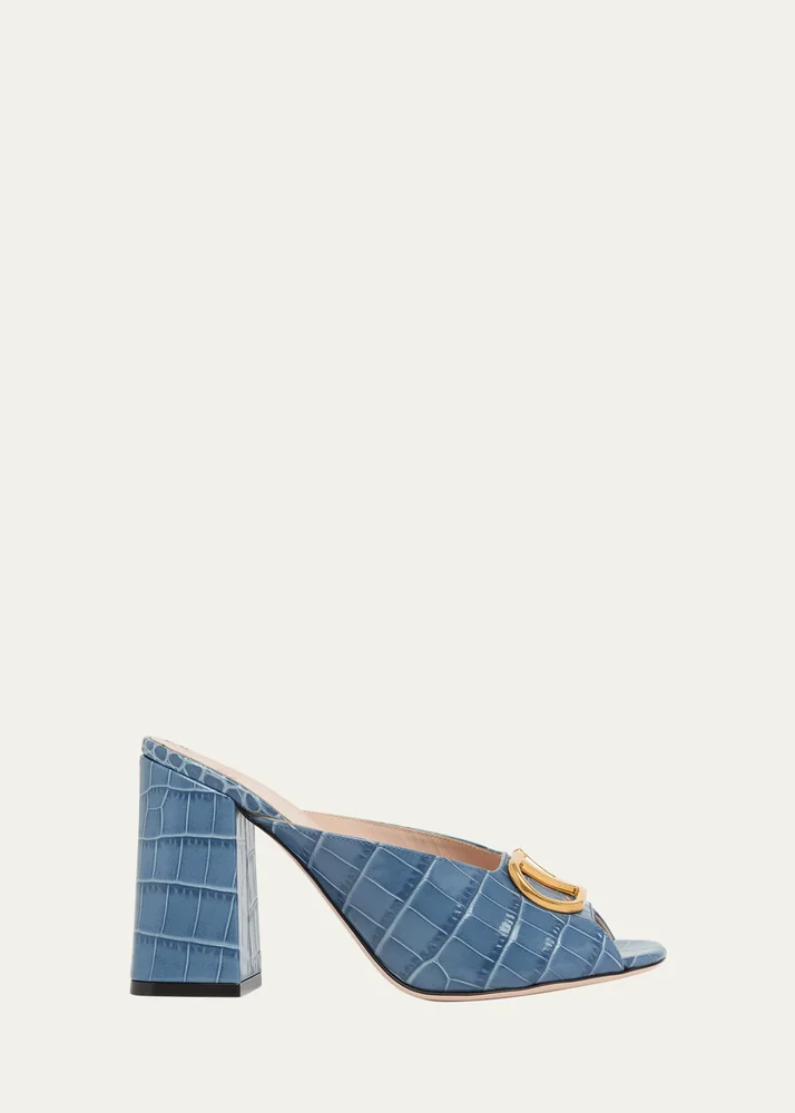 95mm VLogo Croc-Embossed Leather Mules