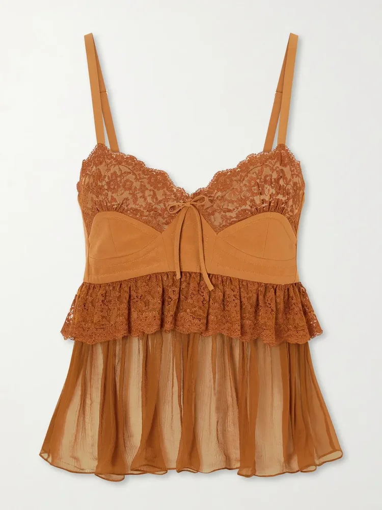 Lace-trimmed silk crepe tank