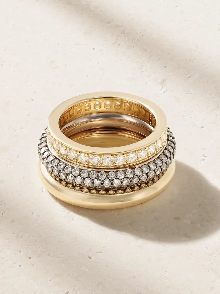 Set of three 14-karat recycled yellow and white gold diamond rings