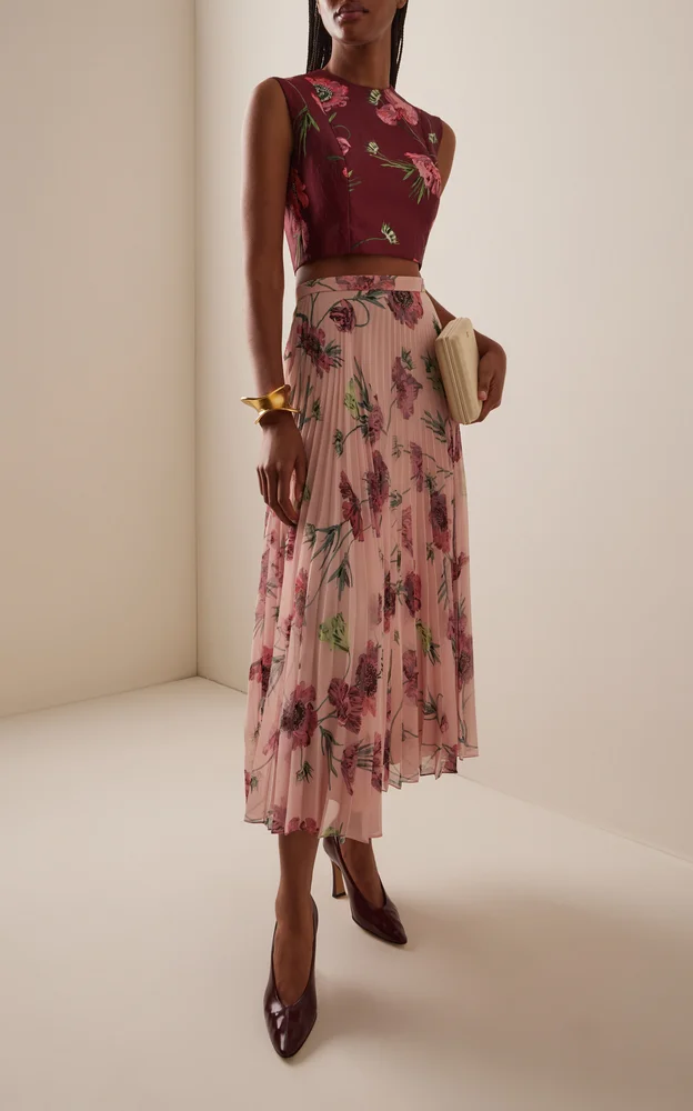 Floral Plisse Voile Midi Skirt
