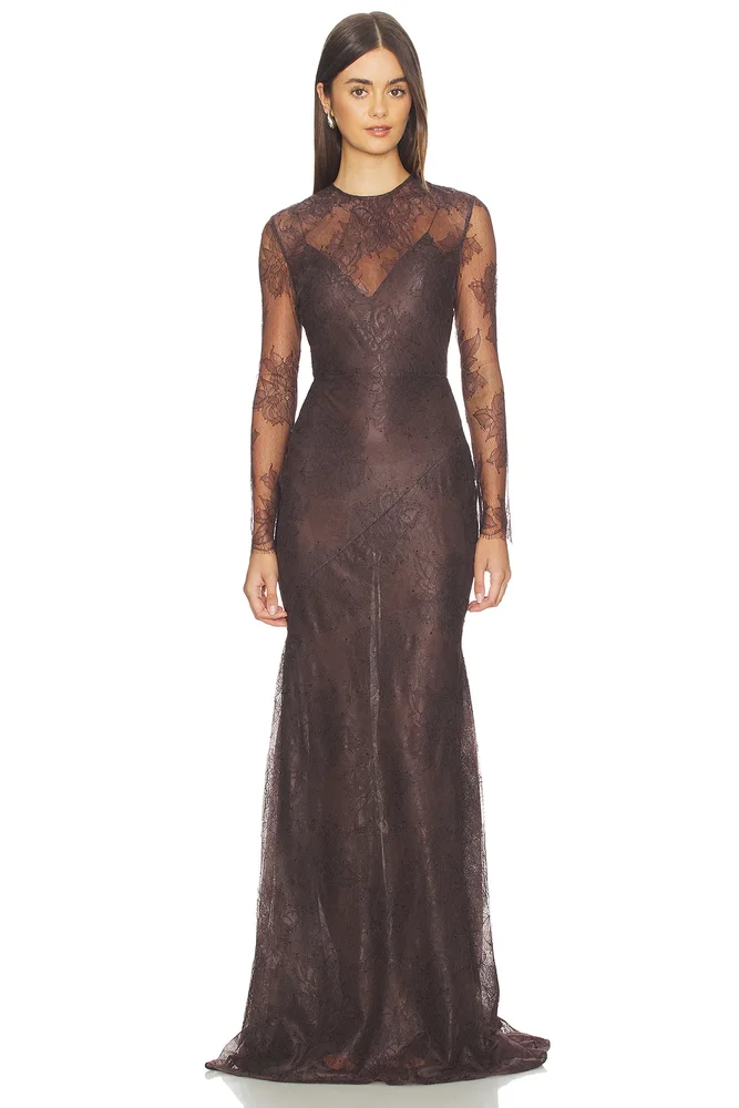 Long Sleeve Lace Gown in Cacao