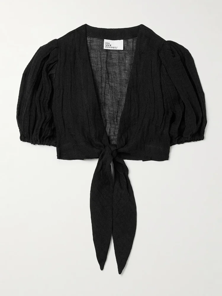 Cropped tie-front linen-blend gauze top