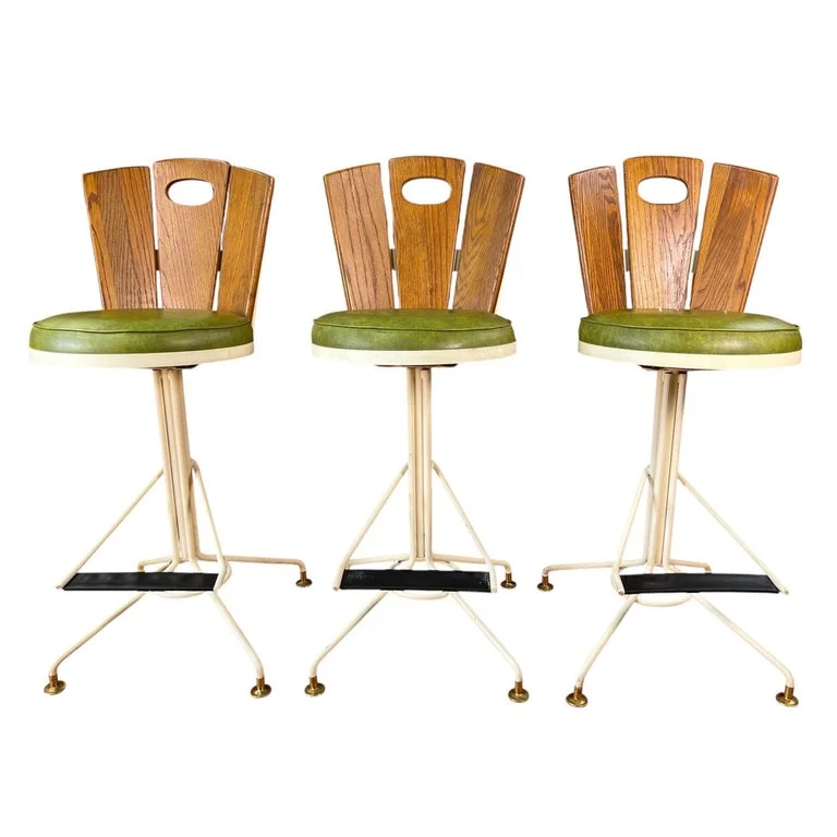 Mid Century Oak and Cast Iron Swivel Bar Stools - Set of 3