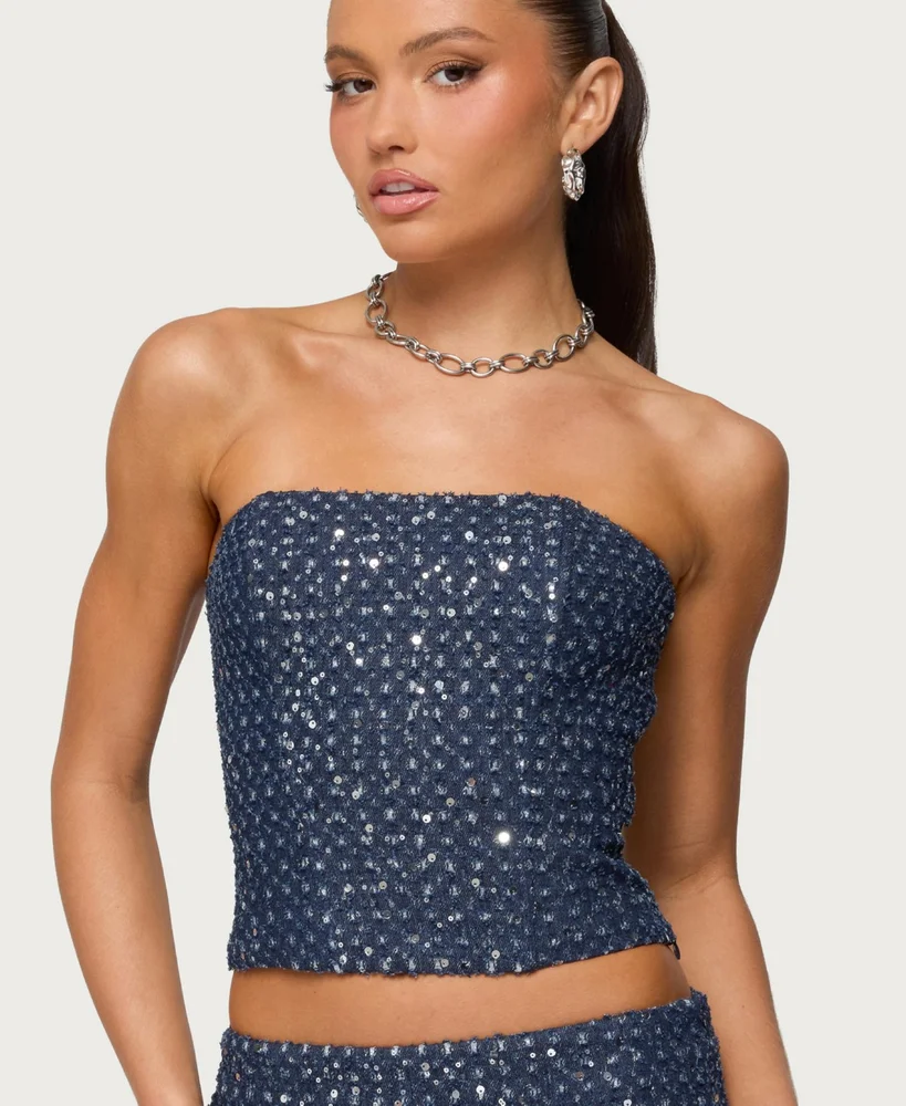 Sora Sequin Distressed Denim Corset