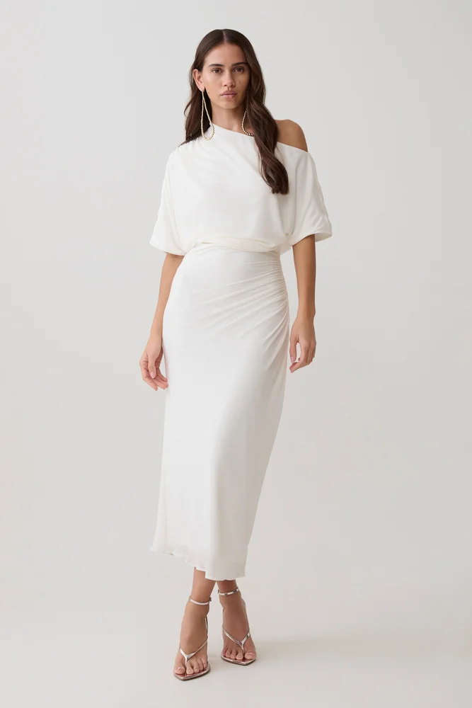 Alva Wool Lyocell Draped Midi Dress - White