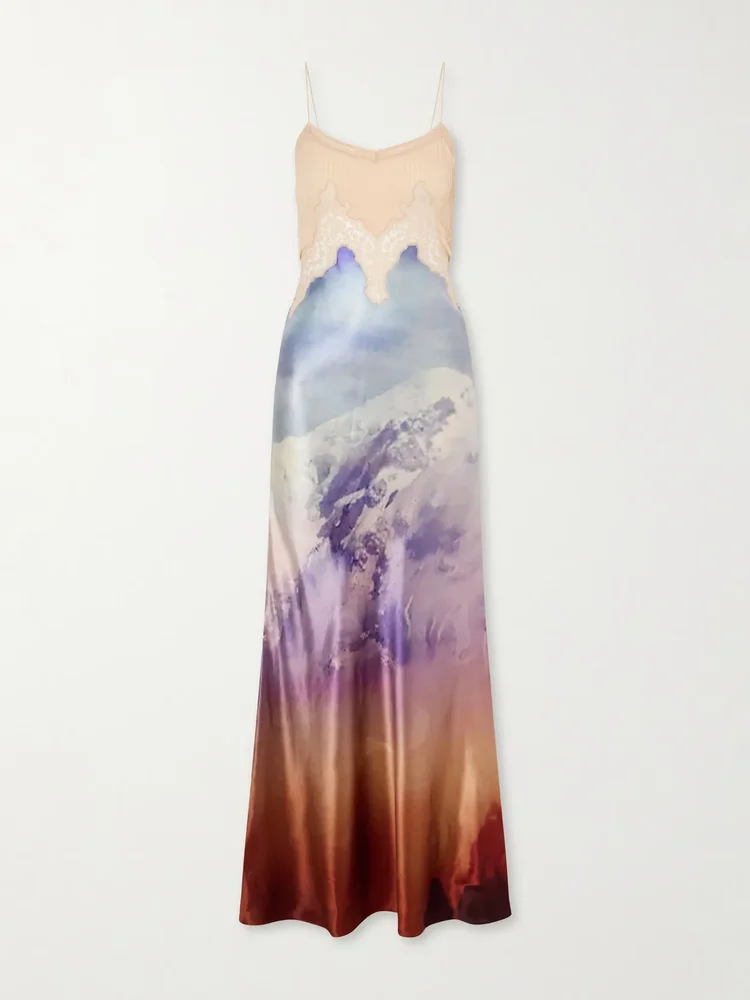 Adolphine printed lace-trimmed silk-satin maxi dress