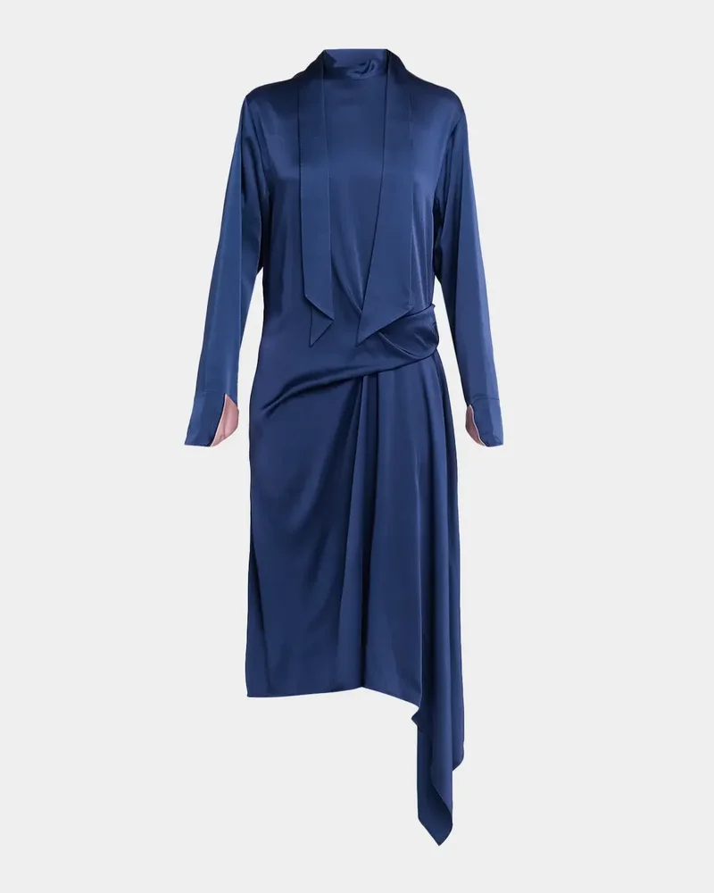 Scarf-Neck Draped Satin Long-Sleeve Midi Dress