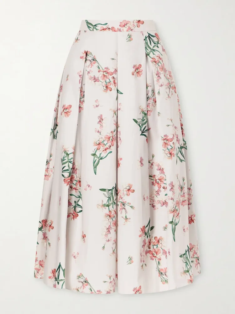 Pleated floral-print cotton-poplin midi skirt