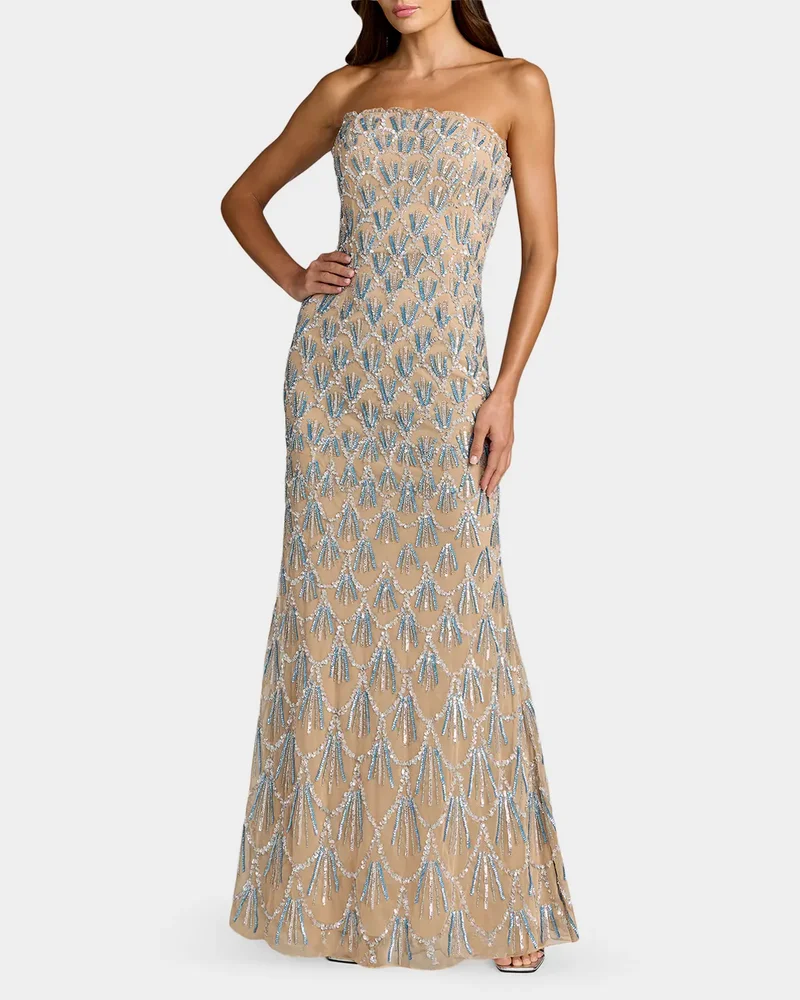 Strapless Hand-Beaded Mesh Trumpet Gown