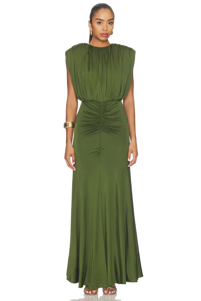 Olive Jersey Gathered Maxi Dress