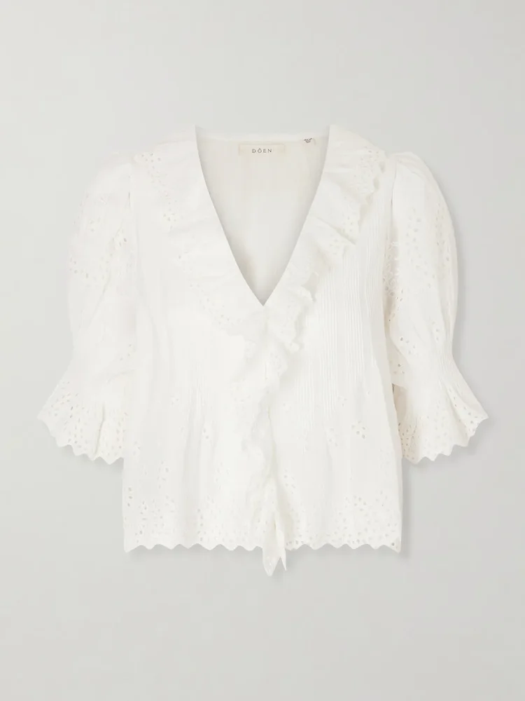 Henri ruffled pintucked broderie anglaise cotton top