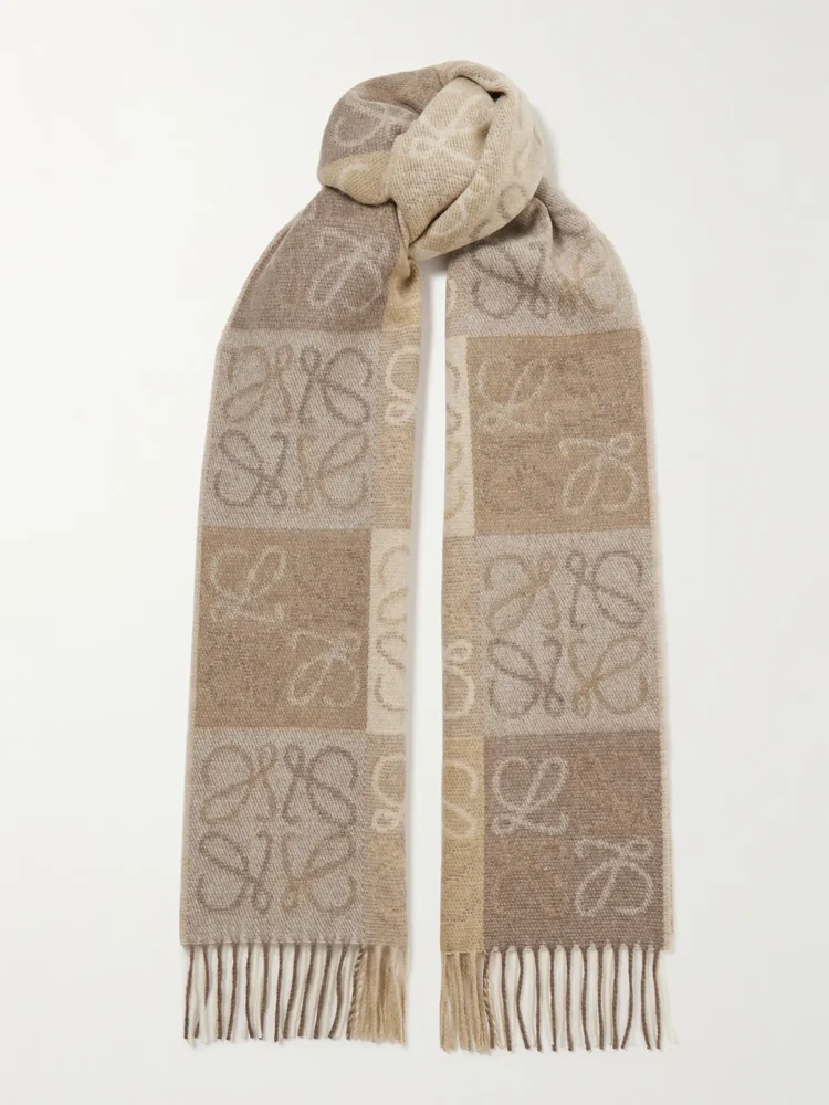 fringed intarsia wool and cashmere blend scarf