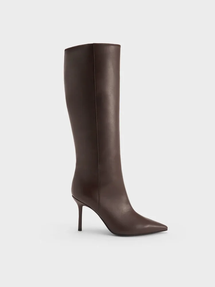 Pointed Stiletto Knee-High Boots, Dark Brown